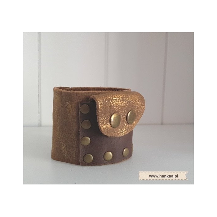 Bransoleta Skórzana z Kieszenią Brązy i Złoto Hand Made OOAK