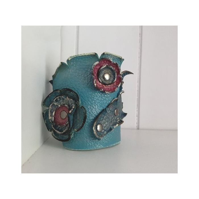 Crazy Bransoleta Skórzana Obraz Kwiaty i Liść Hand Made OOAK